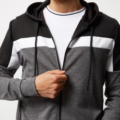 Black colour block zip up hoodie